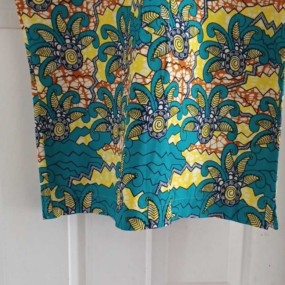 Ankara Short-Sleeve Turquoise & Yellow Print Pullover Slim-Fit Shirt, L - Picture 4 of 5